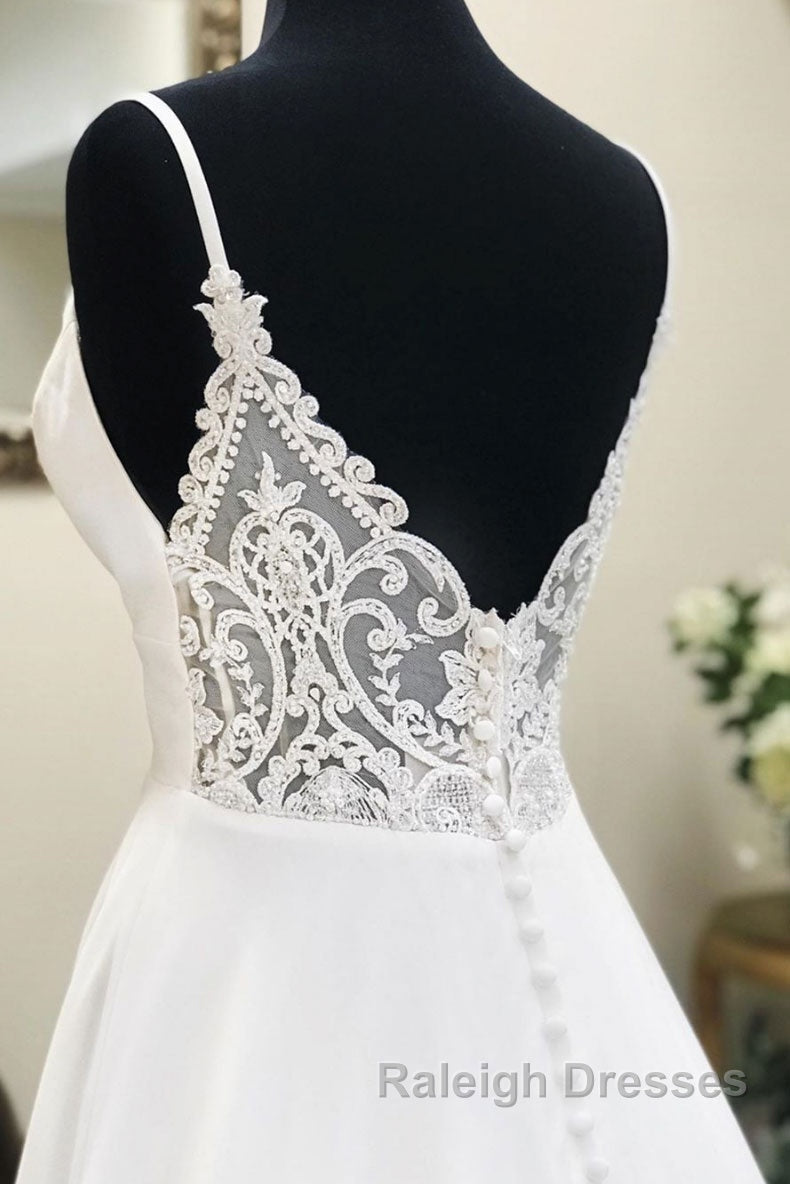 White v neck chiffon long prom dress, white lace evening dress Secondary image