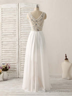 White V Neck Chiffon Long Prom Dresses, White Long Prom Dresses