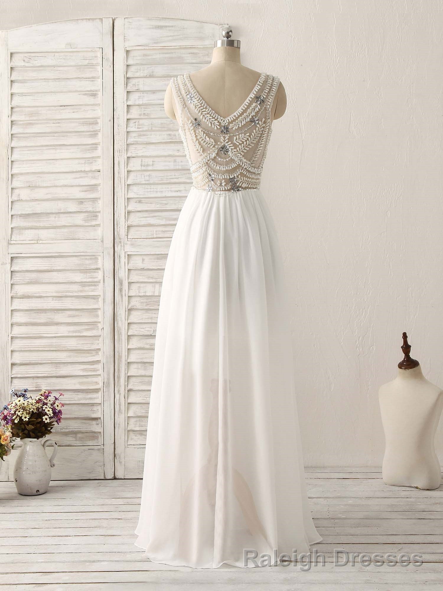 White V Neck Chiffon Long Prom Dresses, White Long Prom Dresses