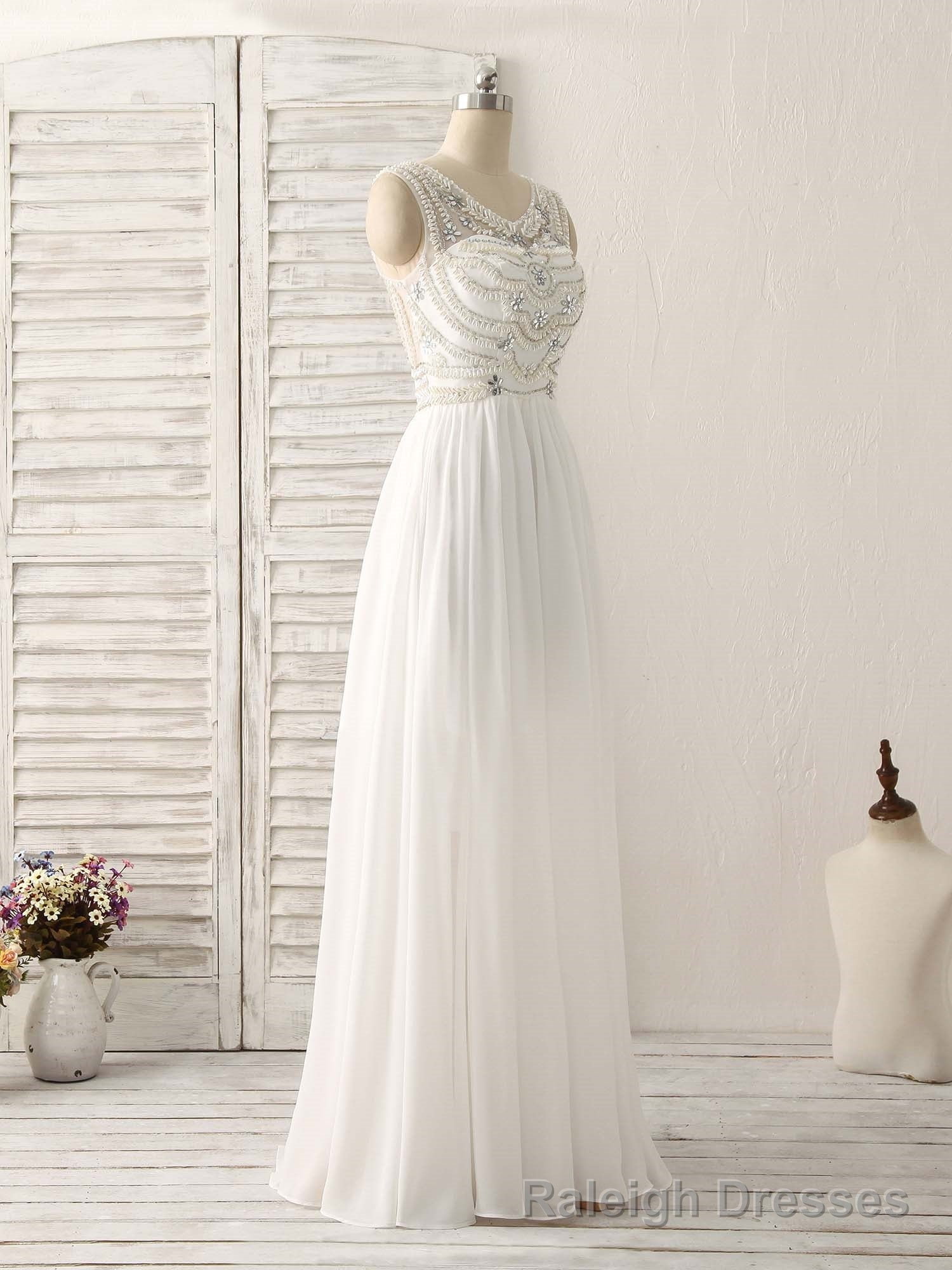 White V Neck Chiffon Long Prom Dresses, White Long Prom Dresses