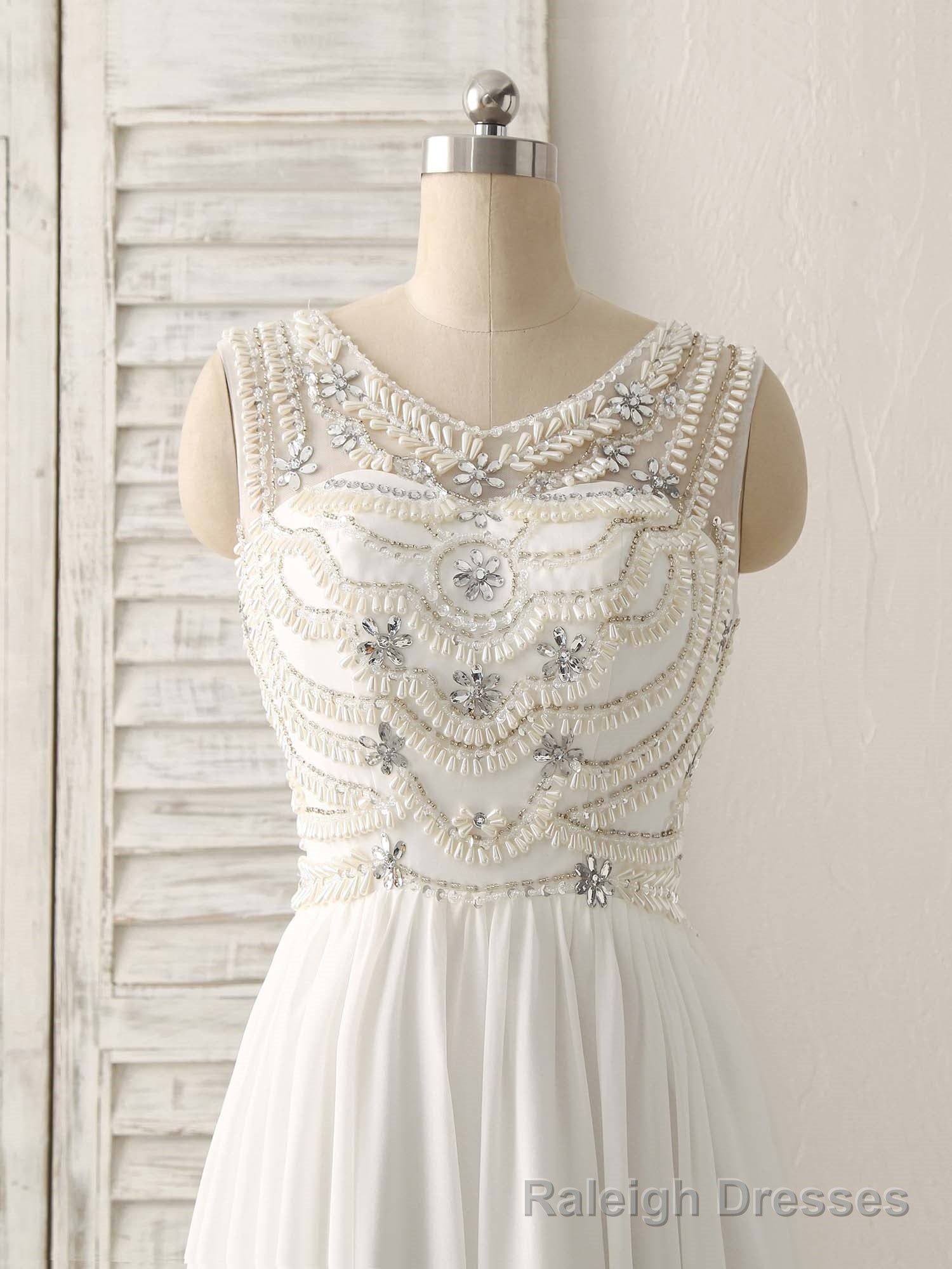 White V Neck Chiffon Long Prom Dresses, White Long Prom Dresses