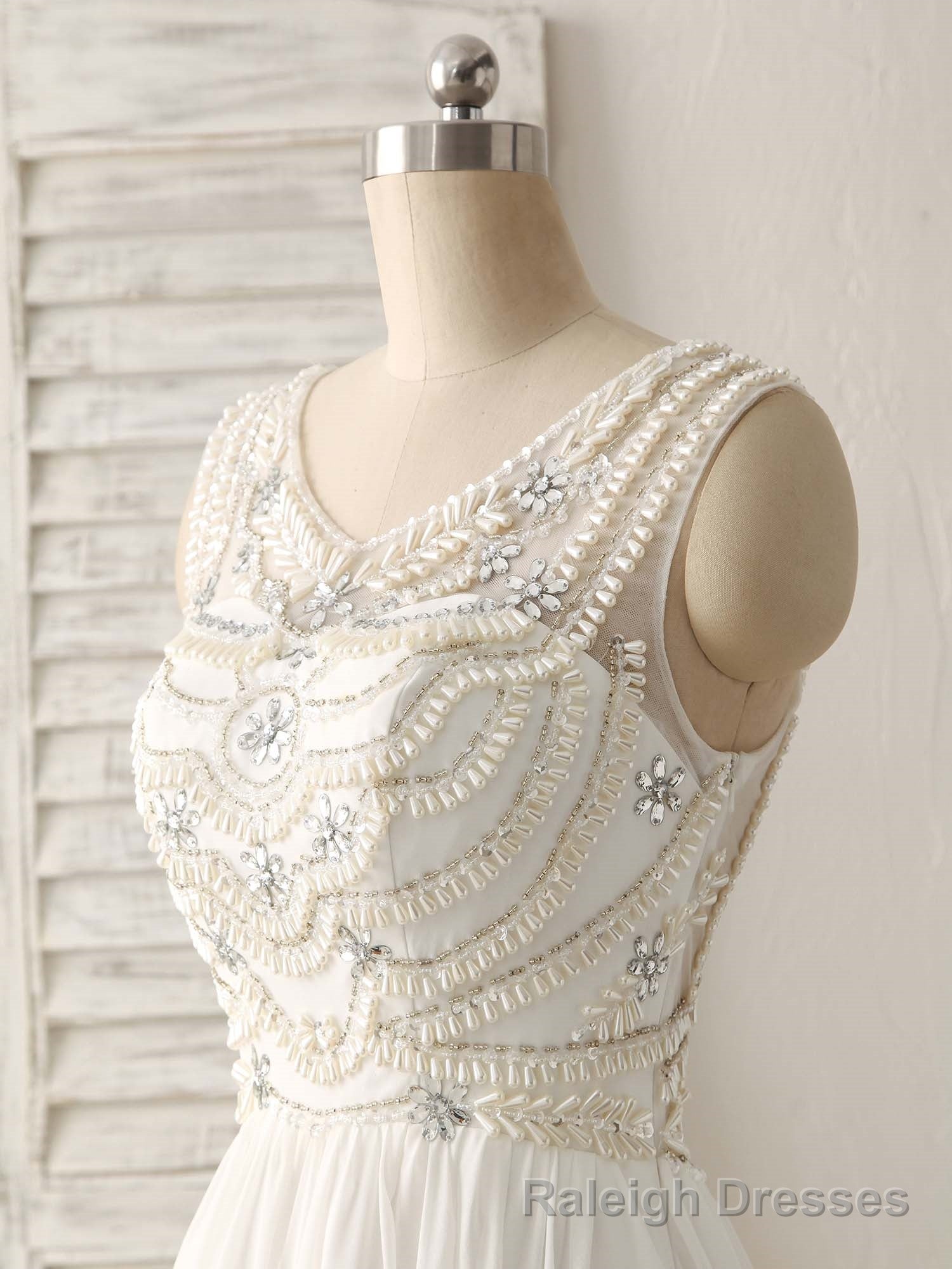 White V Neck Chiffon Long Prom Dresses, White Long Evening Dresses