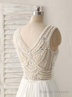 White V Neck Chiffon Long Prom Dresses, White Long Prom Dresses