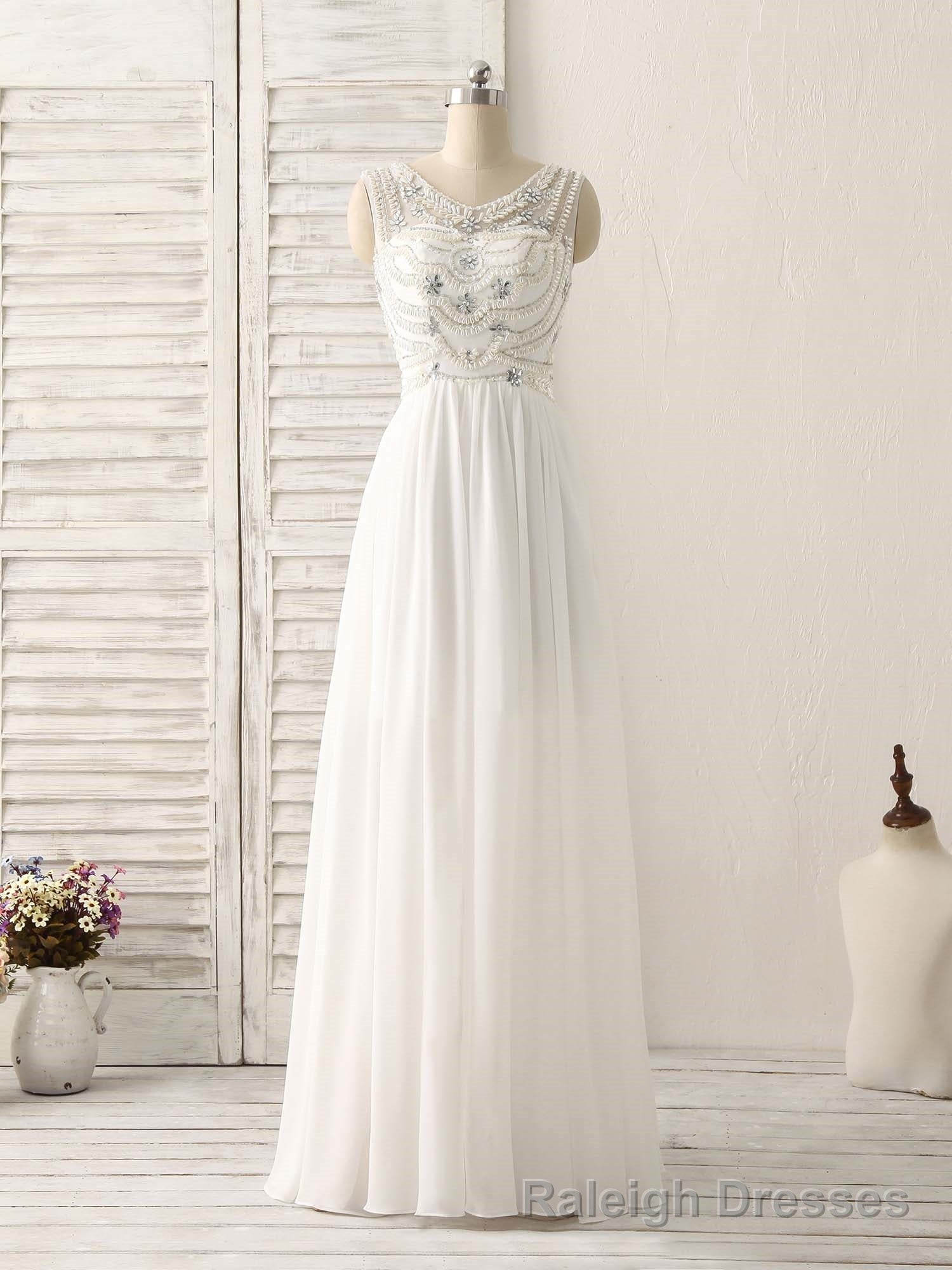White V Neck Chiffon Long Prom Dresses, White Long Prom Dresses