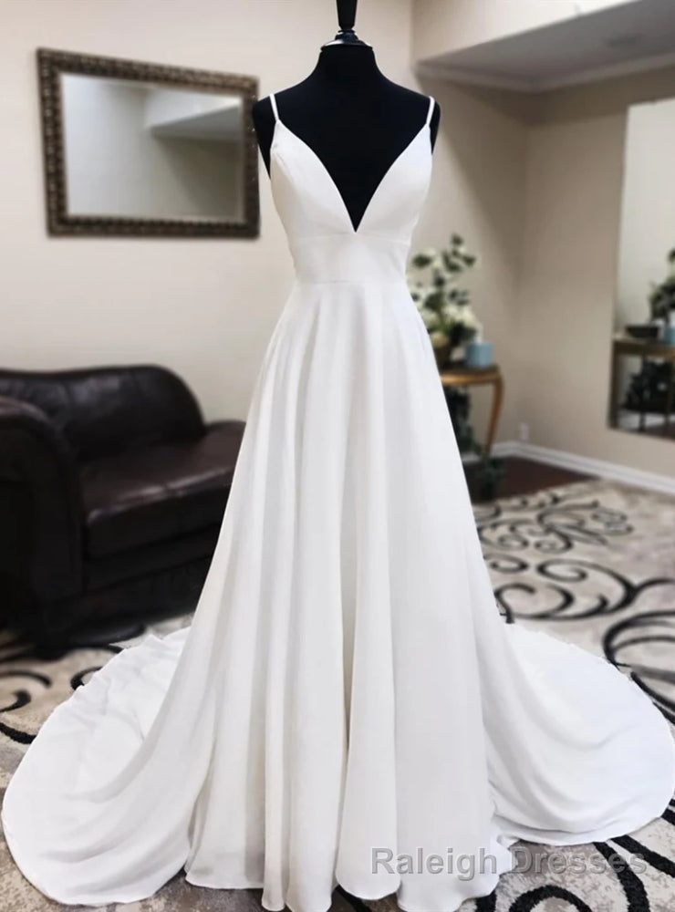 White V Neck Lace Backless Wedding Dress Main image