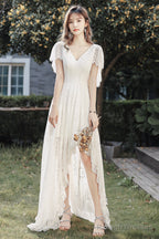 White V-Neck Lace High Low Prom Dress, White Evening Dress