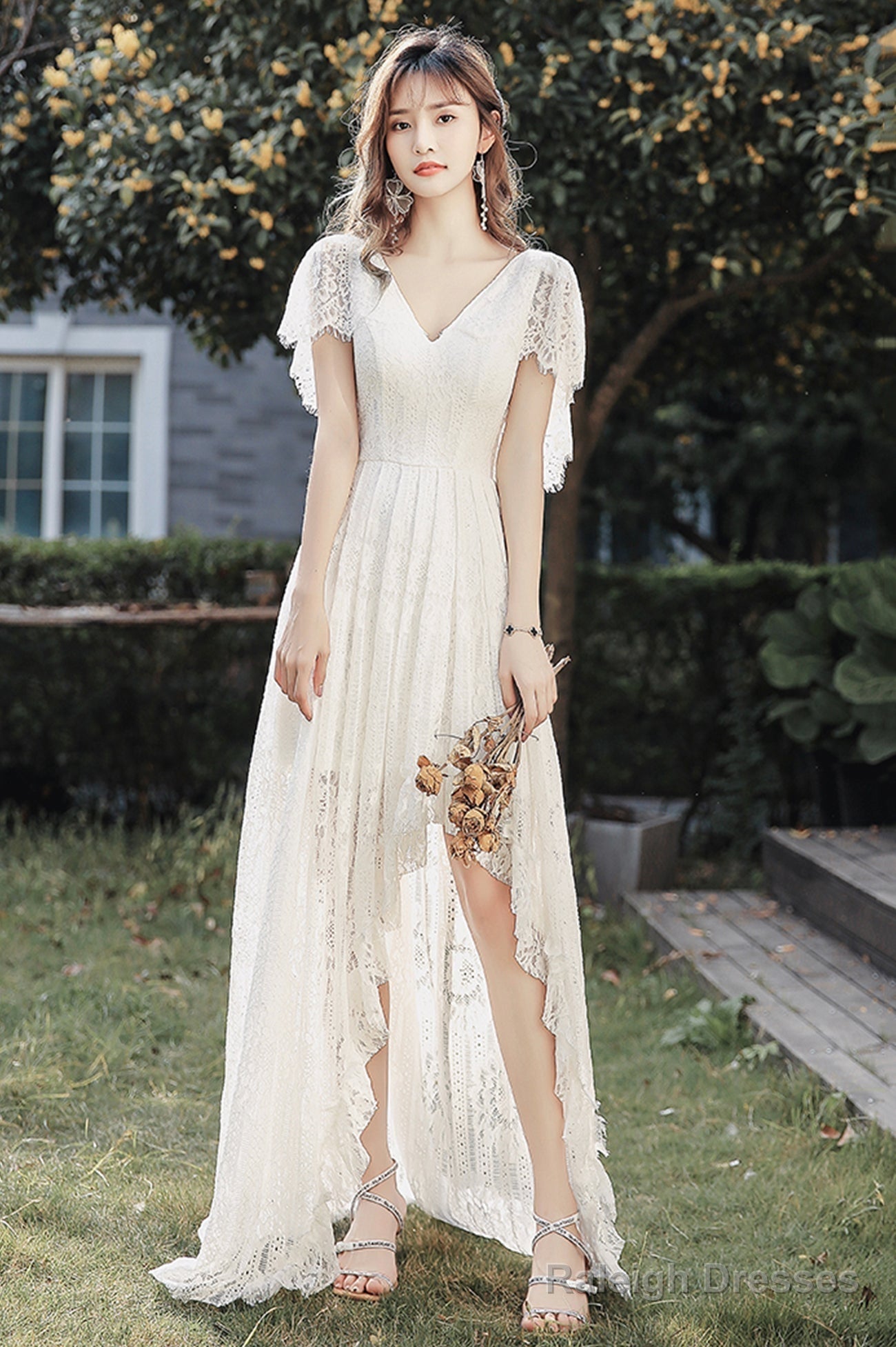White V-Neck Lace High Low Prom Dress, White Evening Dress
