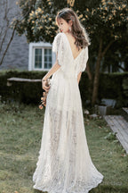 White V-Neck Lace High Low Prom Dress, White Evening Dress