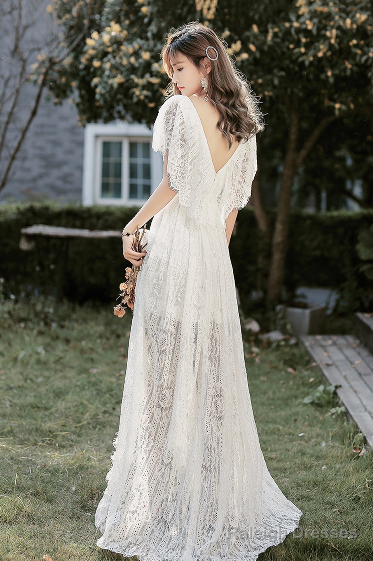 White V-Neck Lace High Low Prom Dress, White Evening Dress