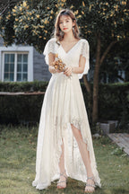 White V-Neck Lace High Low Prom Dresses White Prom Dresses