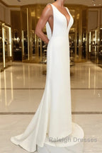 White v neck long prom dress, white evening dress