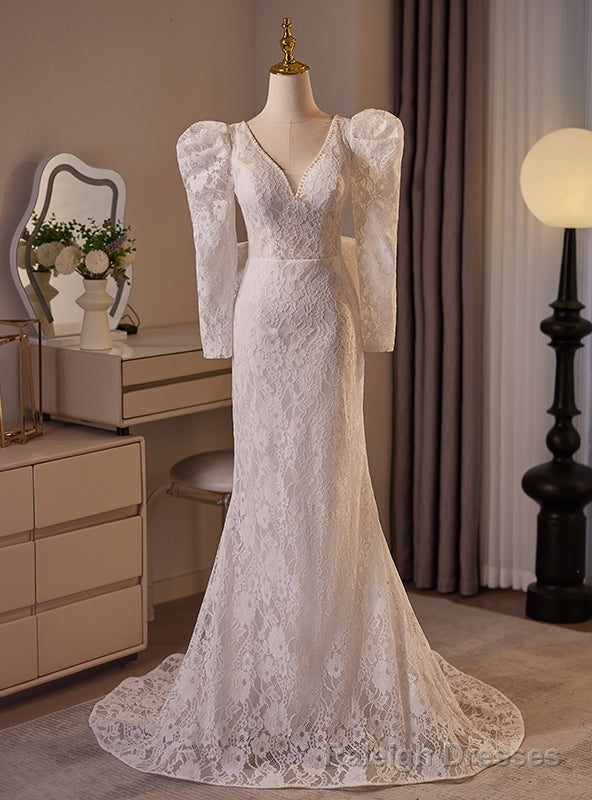 White V Neck Long Sleeve Lace Wedding Dress Main image