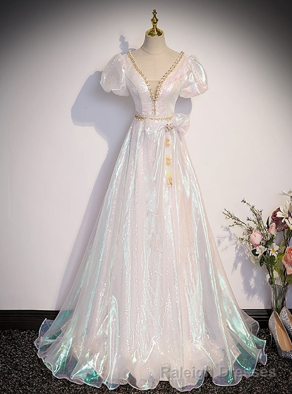 White V-neck Puff Sleeve Beading Prom Dress Main image