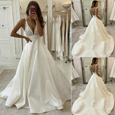 White V Neck Satin Lace Prom Dresses Long Prom Dresses