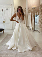 White V Neck Satin Lace Prom Dresses Long Prom Dresses