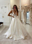 White V Neck Satin Lace Prom Dresses Long Prom Dresses