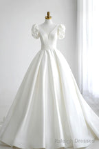 White V Neck Satin Long Prom Dress, A Line Short Sleeve Formal Dress