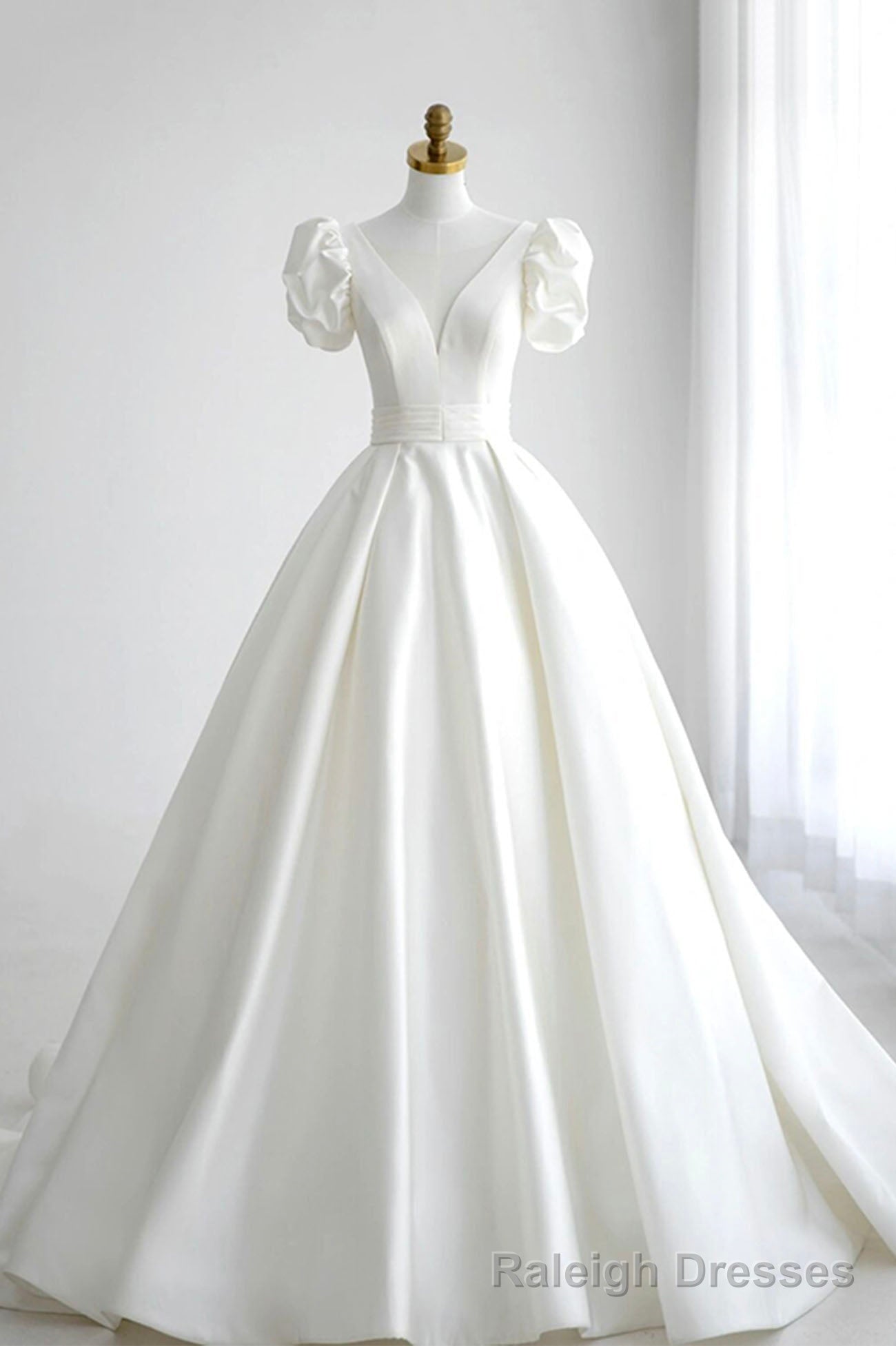 White V Neck Satin Long Prom Dress, A Line Short Sleeve Formal Dress