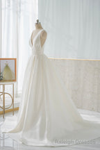 White V Neck Satin Long Prom Dress, Simple A Line Formal Dress