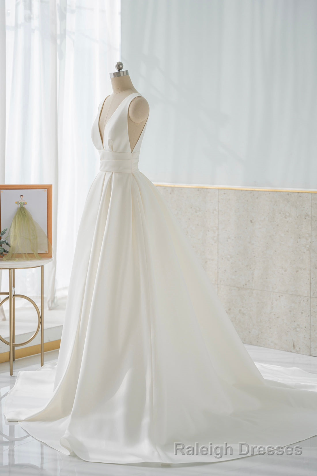 White V Neck Satin Long Prom Dress, Simple A Line Formal Dress