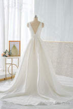White V Neck Satin Long Prom Dress, Simple A Line Formal Dress