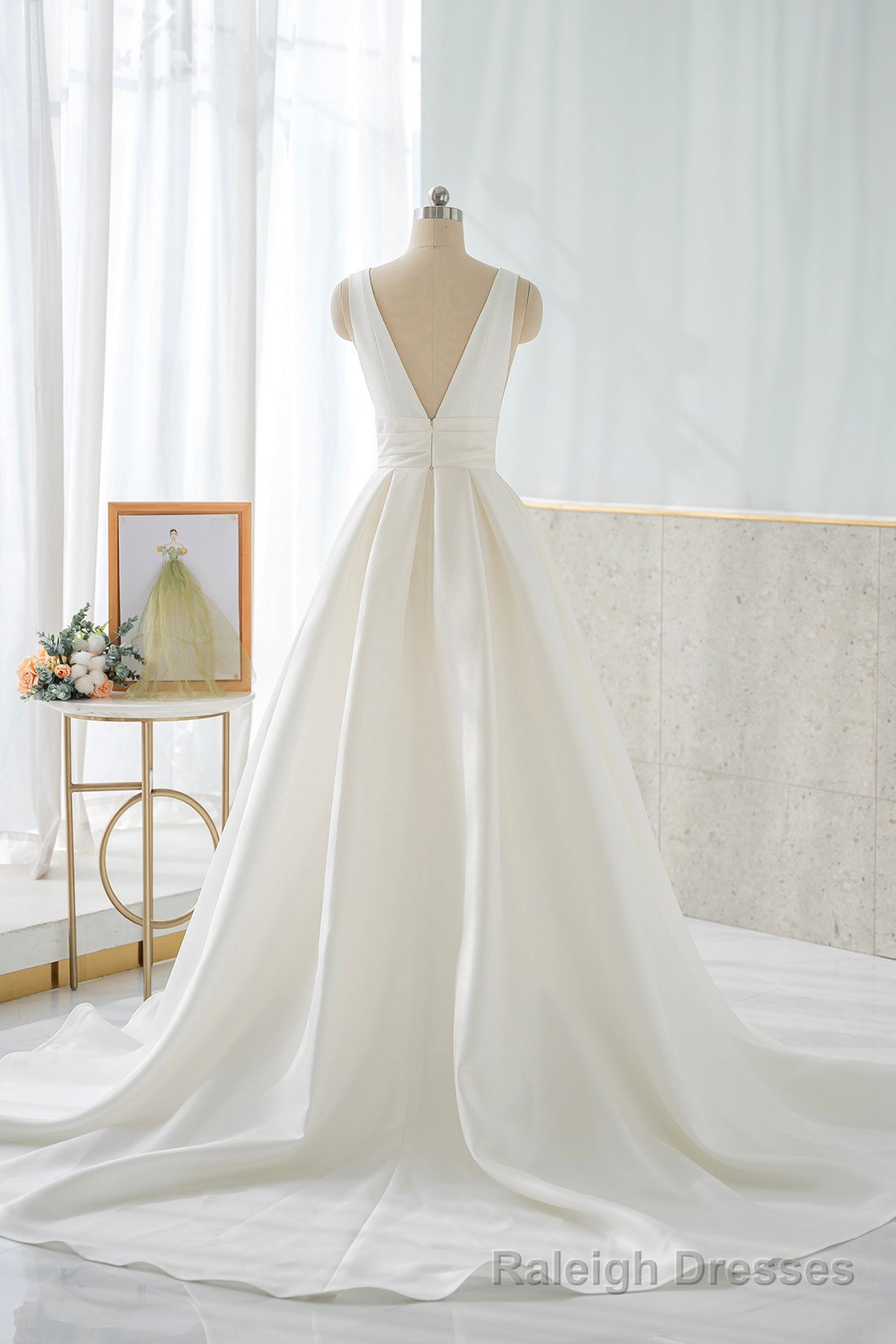 White V Neck Satin Long Prom Dress, Simple A Line Formal Dress
