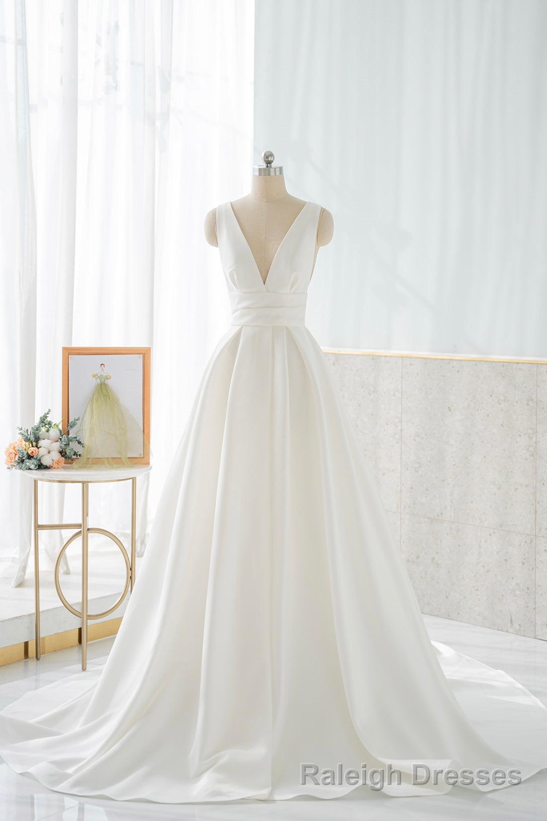 White V Neck Satin Long Prom Dress, Simple A Line Formal Dress Secondary image