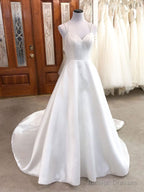 White V Neck Satin Long Prom Dress White Satin Wedding Gown