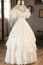 White V Neck Satin Long Prom Dress with Lace, Wedding Dress