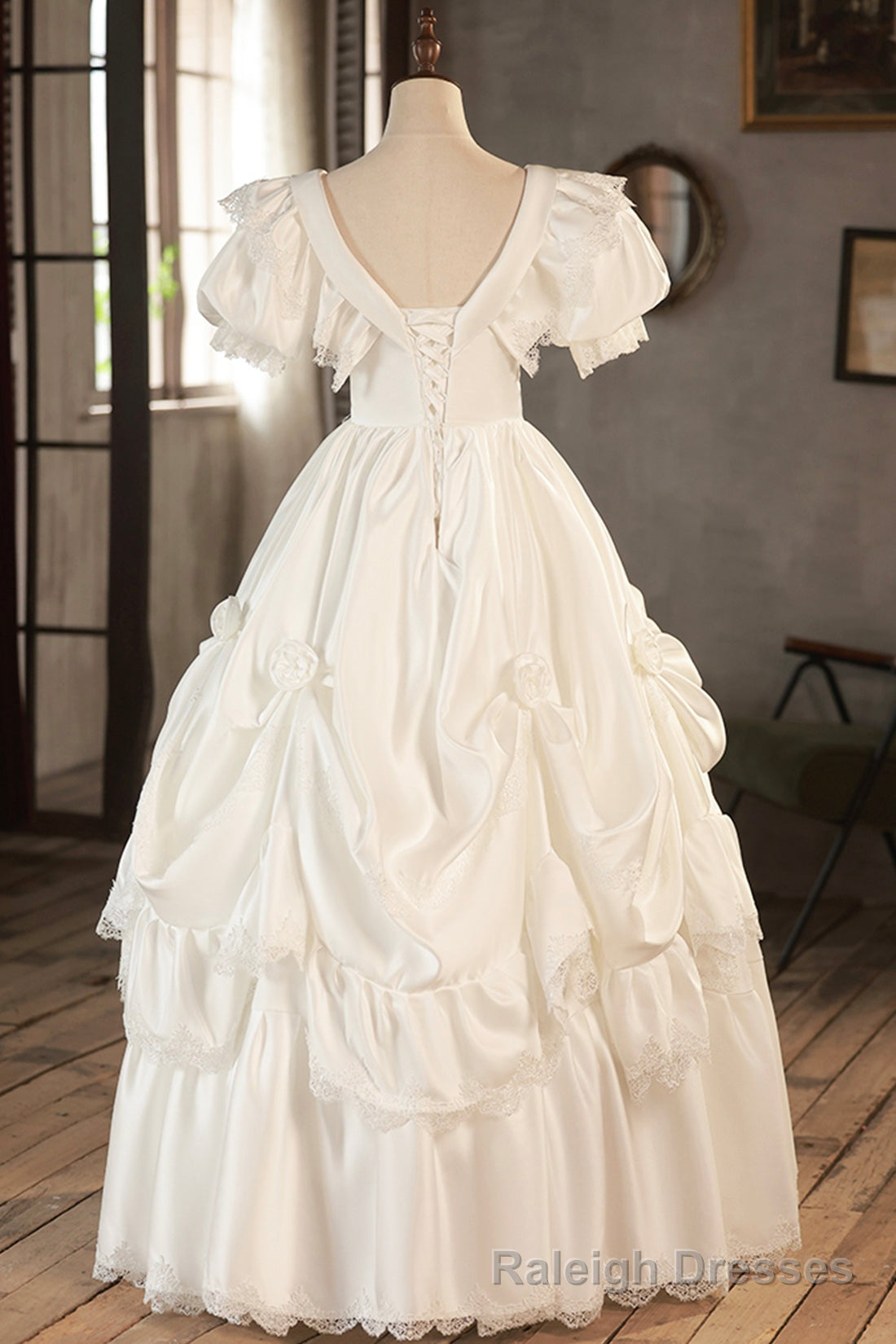 White V Neck Satin Long Prom Dress with Lace, Wedding Dress