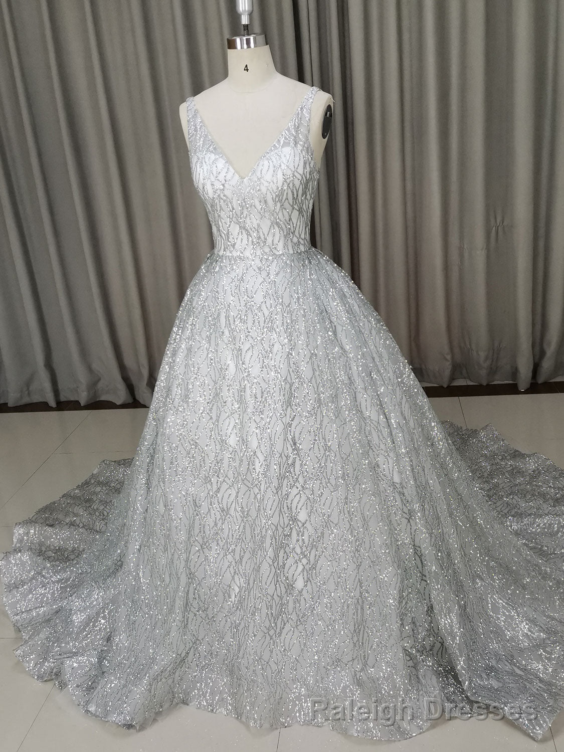 White V Neck Sequin Tulle Long Prom Dress White Tulle Evening Dress Main image