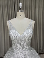 White V Neck Sequin Tulle Long Prom Dress White Tulle Evening Dress