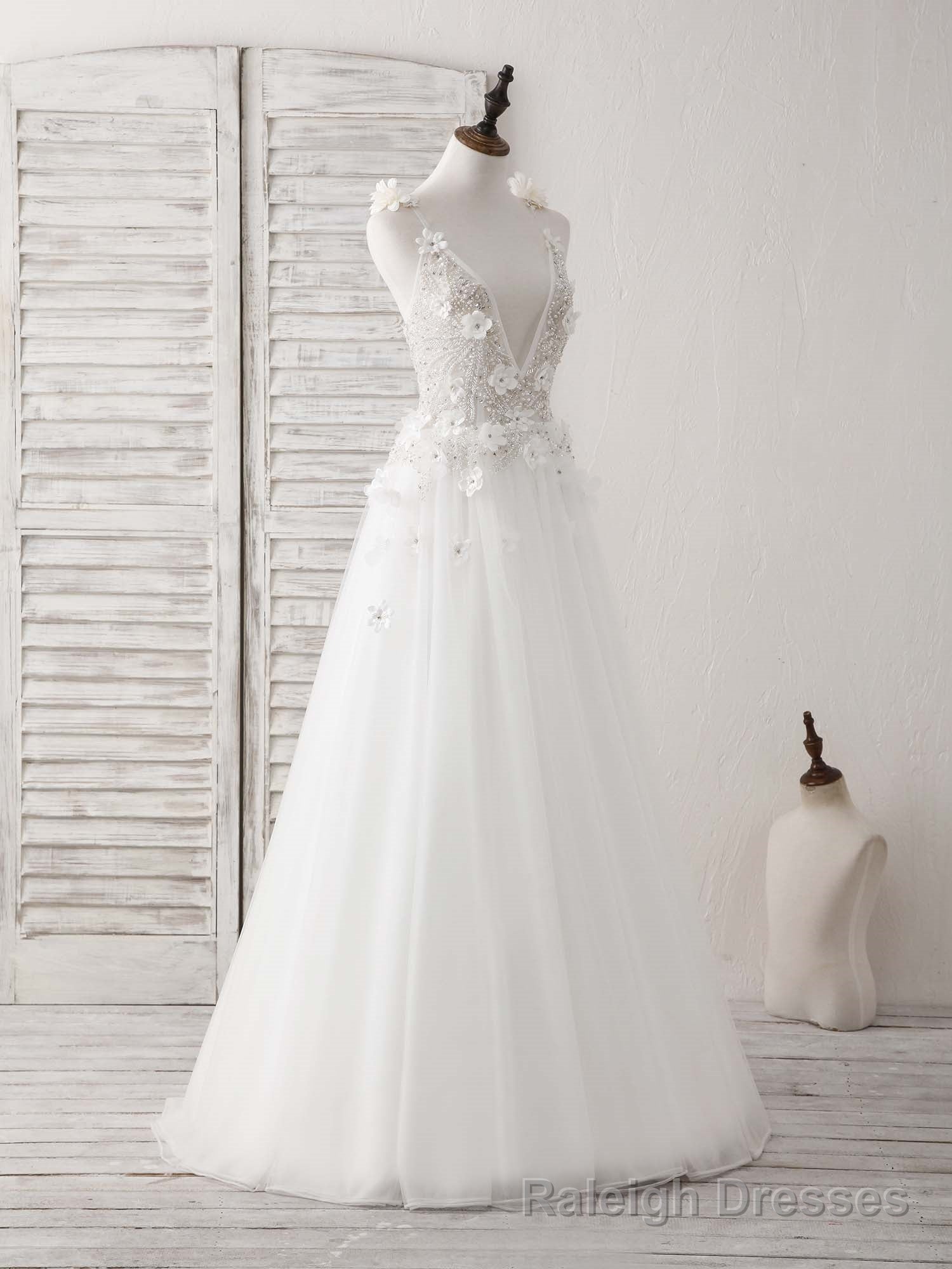 White V Neck Tulle Beads Long Prom Dress White Prom Dress