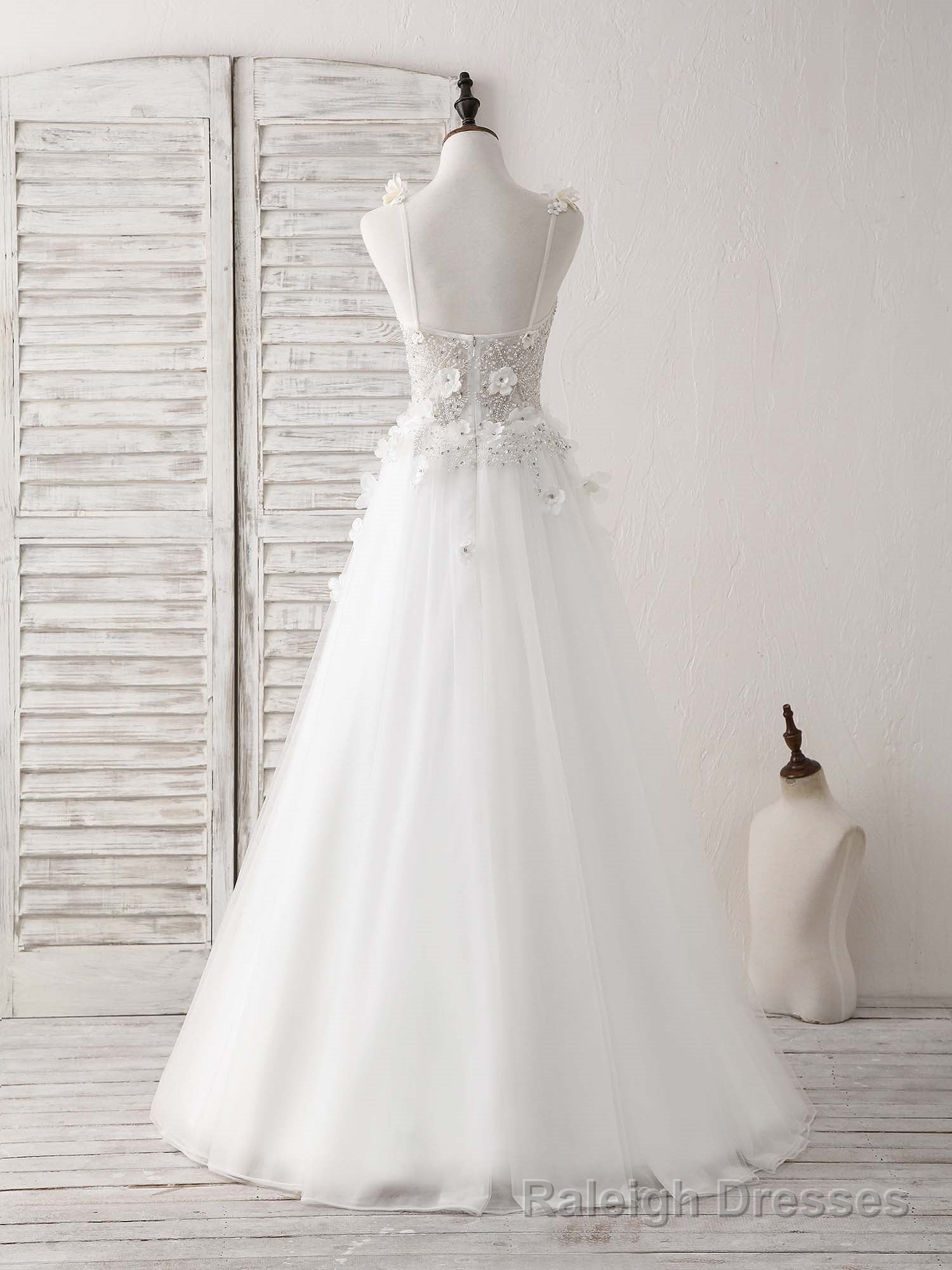 White V Neck Tulle Beads Long Prom Dress White Prom Dress
