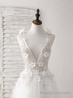 White V Neck Tulle Beads Long Prom Dress White Evening Dress