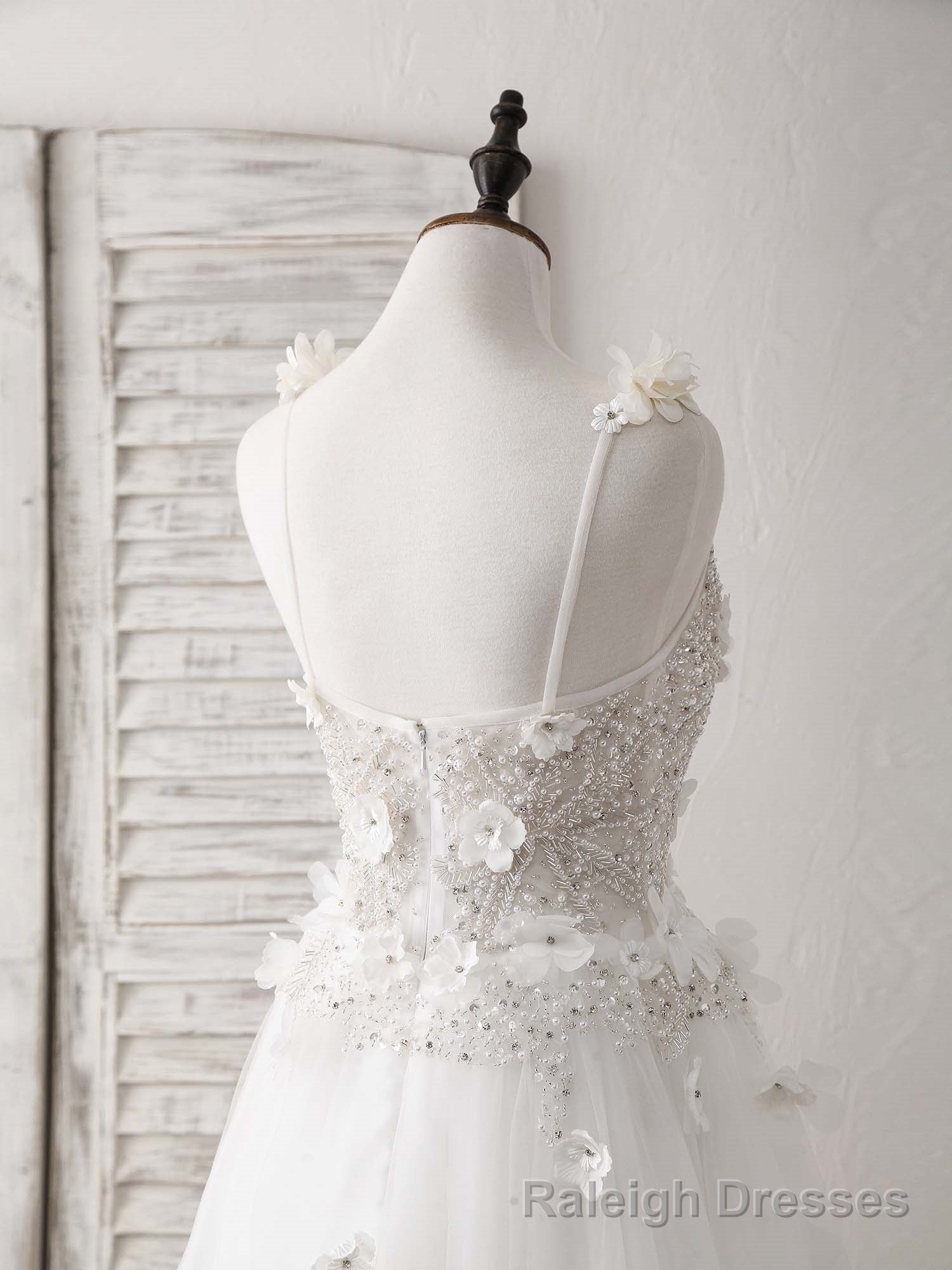 White V Neck Tulle Beads Long Prom Dress White Prom Dress