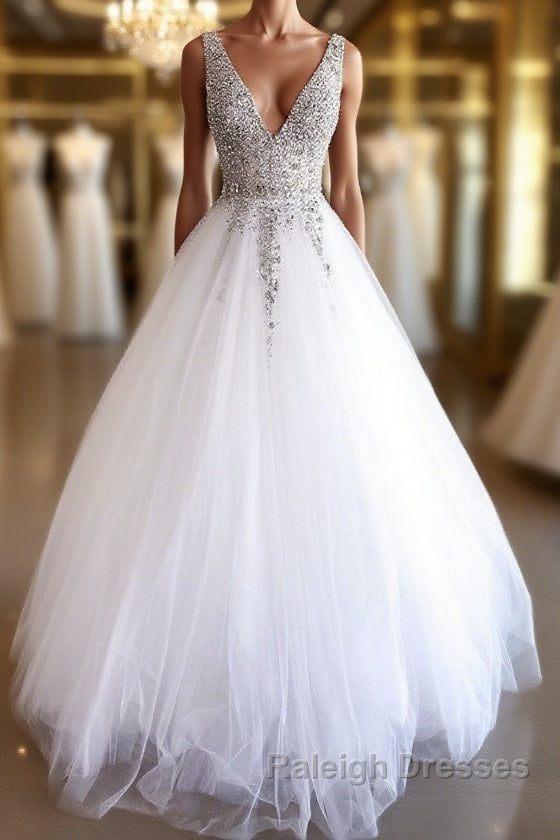 White v neck tulle beads sequin long prom dress white evening dress