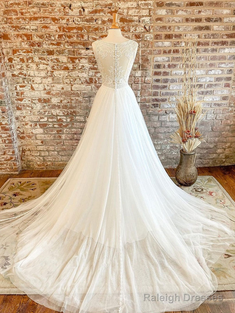 White V Neck Tulle Lace Long Prom Dress, Lace Tulle Wedding Dress