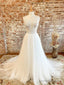 White V Neck Tulle Lace Long Prom Dress, Lace Tulle Wedding Dress