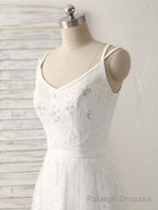 White V Neck Tulle Lace Long Prom Dress White Evening Dress
