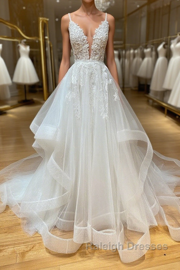 White v neck tulle lace long prom dress, white lace formal dress Main image