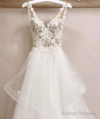 White V Neck Tulle Lace Long Prom Dress, White V Neck Evening Dress