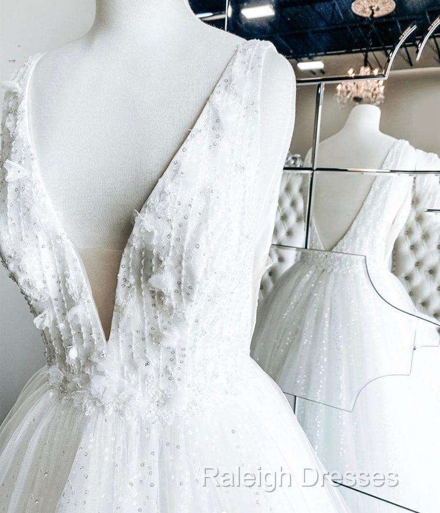 White V Neck Tulle Lace Long Prom Gown Wedding Dress