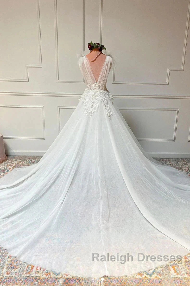 White V Neck Tulle Lace Long Wedding Dress Secondary image