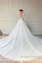 White V Neck Tulle Lace Long Wedding Dress