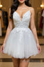 White v neck tulle lace short prom dress, white homecoming dress