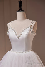 White V Neck Tulle Long Prom Dress, A Line Prom Dress with Train