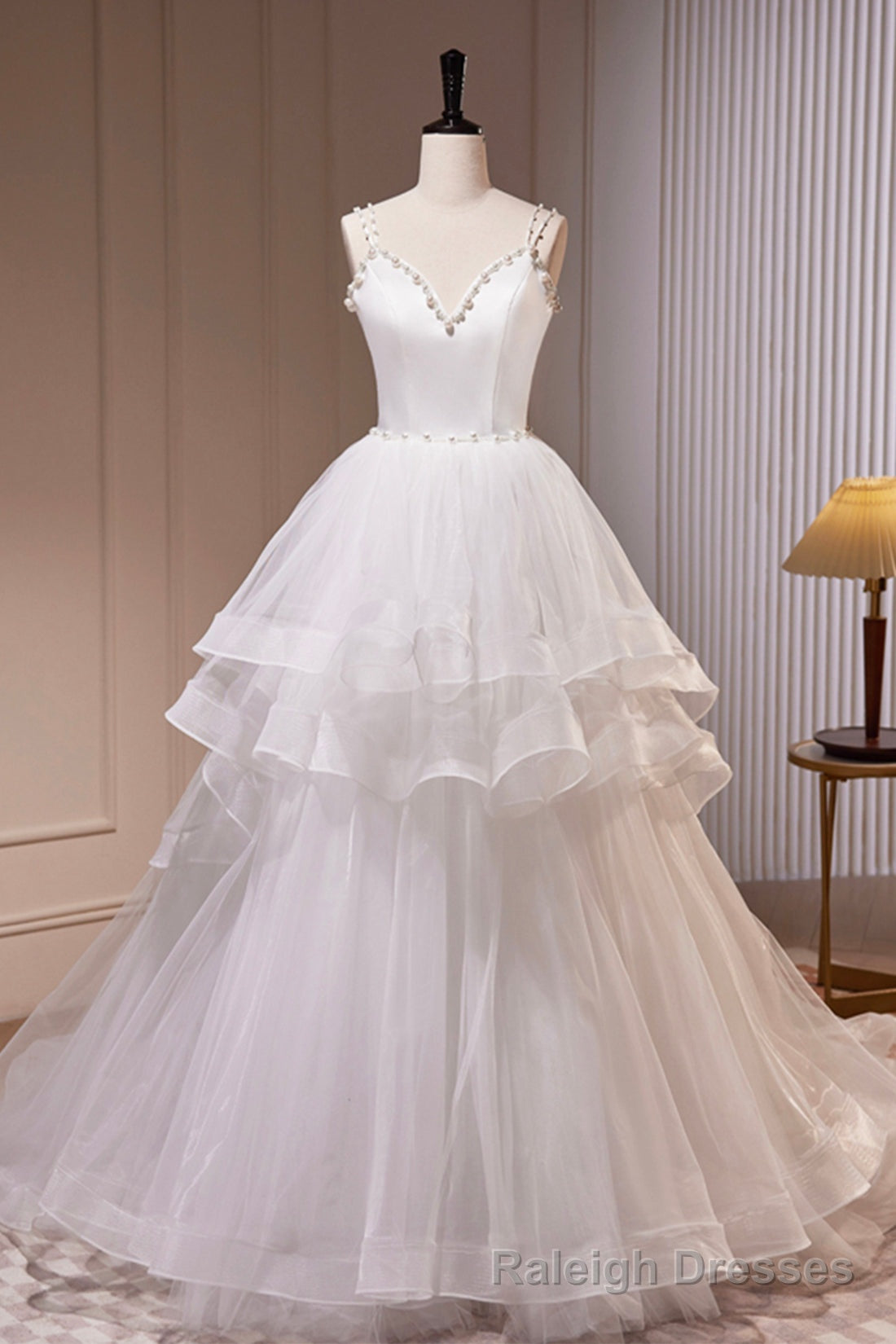White V-Neck Tulle Long Prom Dress, A-Line Evening Dress with Train Secondary image