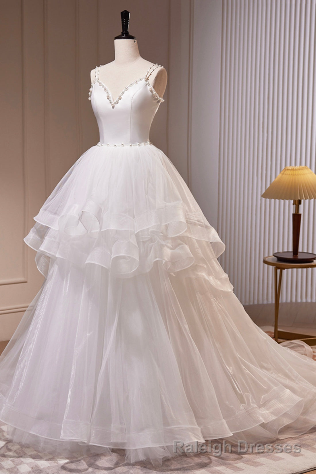 White V Neck Tulle Long Prom Dress, A Line Prom Dress with Train Main image