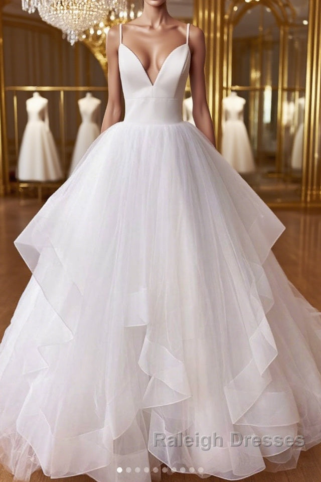 White v neck tulle long prom dress white tulle evening dress Main image